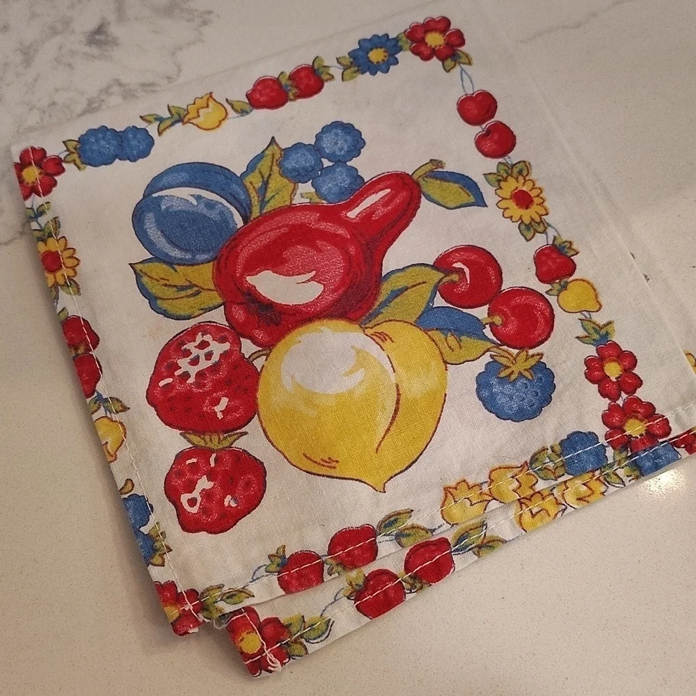 Vintage cloth napkin fruit and tulip print set of 3 12.5